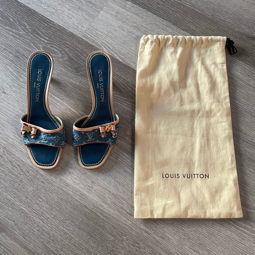 Louis Vuitton Blue Monogram Denim Kitten Heel Bow Slide Sandals